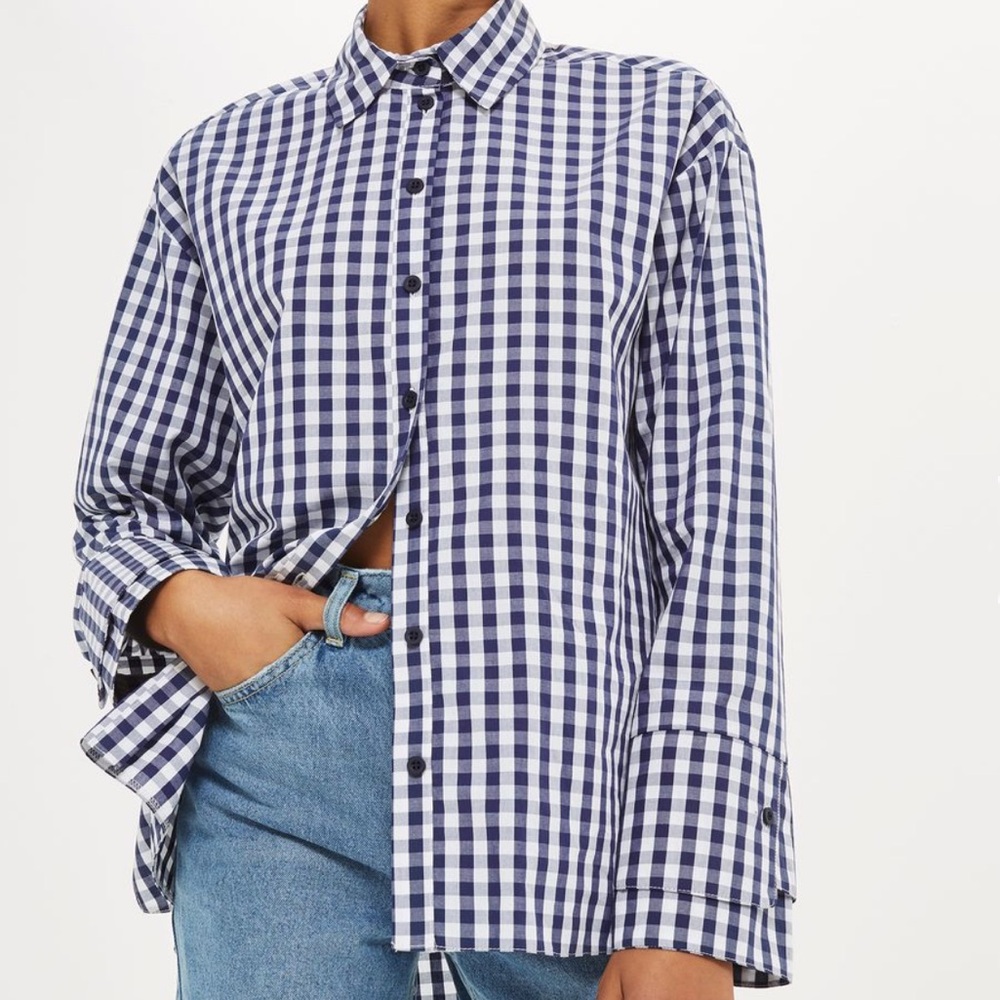 Topshop Women’s 100% cotton Navy and White Gingham Double Cuff Shirt Sz 2